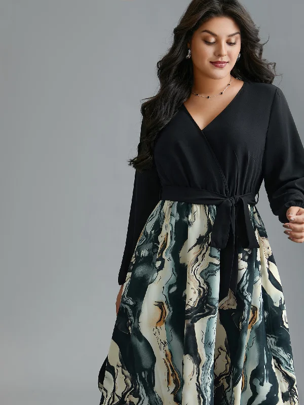 Plus size dresses with matte finishes stay subtle -Surplice Neck Marble Print Belted Dress