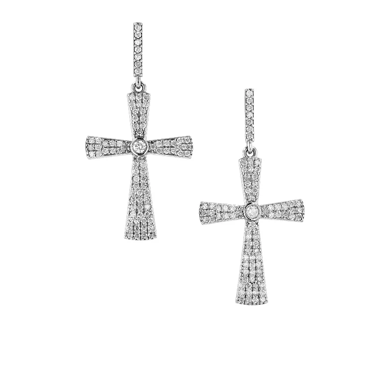 Drop Earrings with Textured Surface -Bezeled Diamond Cross Drop Earrings