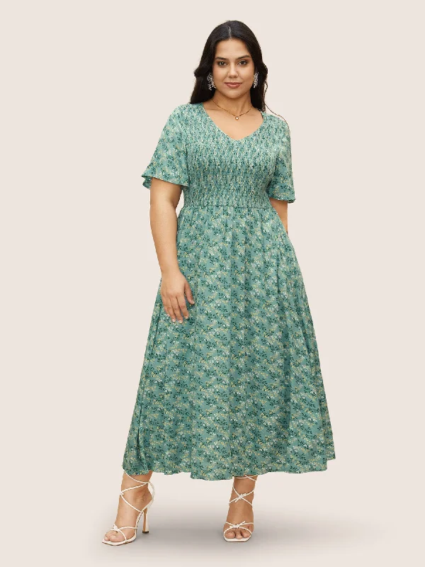 Plus size dresses featuring ruffle details add charm -Rayon Ditsy Floral V Neck Shirred Dress