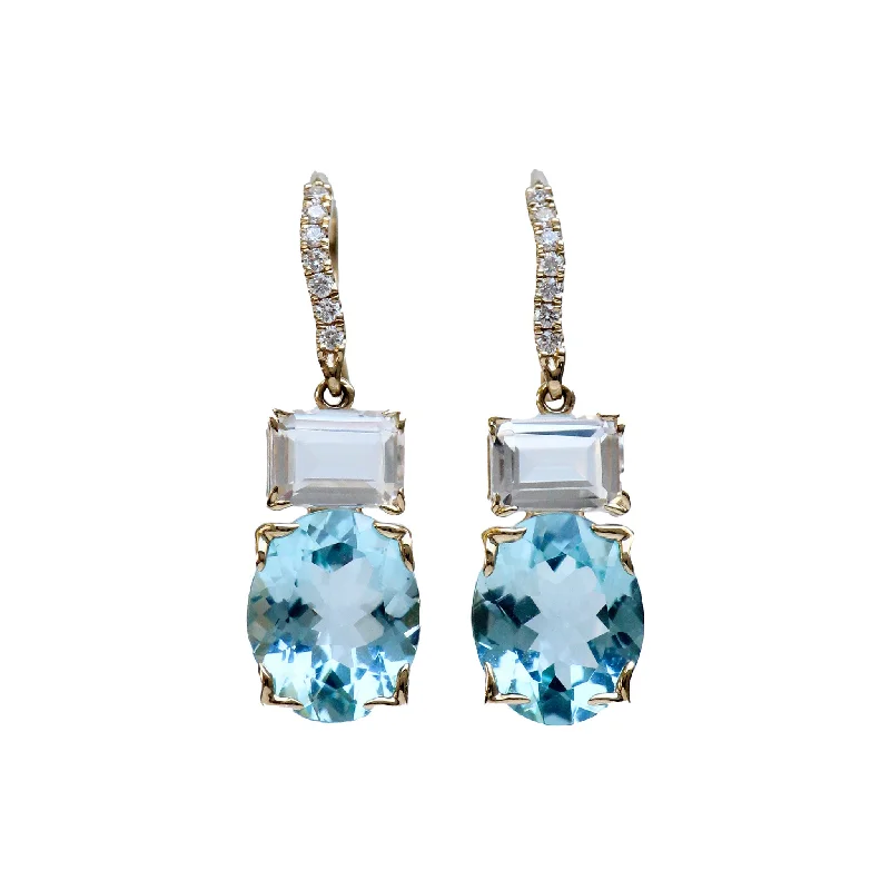 Studded Drop Earrings with Gemstones -Blue & White Topaz 14K Gold River Earrings