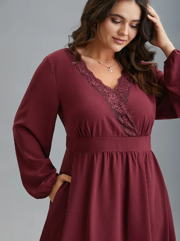 Plus size dresses for trendy vibes stay current -Lace Detail Surplice Neckline Midi Dress