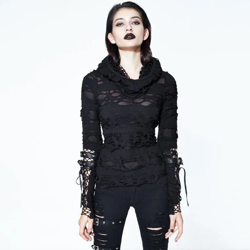 Long Sleeve T-Shirts for Extra Coverage -Women's Distressed Hooded Punk Goth Top