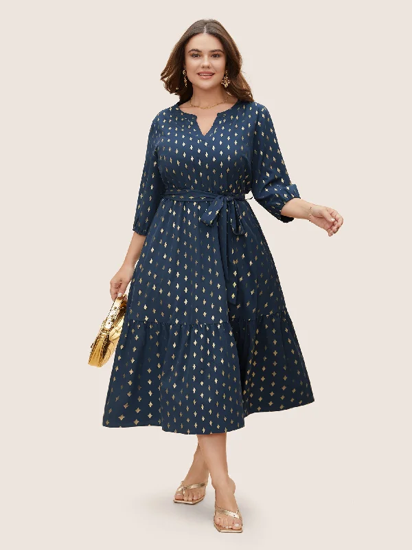 Plus size dresses for fuller busts fit perfectly -Glitter Notched Lantern Sleeve Midi Dress