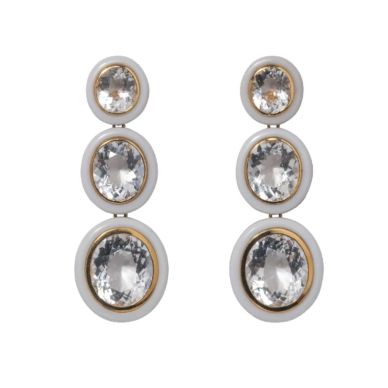 Tarnish Resistant Drop Earrings for Longevity -Goshwara Oval Rock Crystal & White Agate Inlay 18K Gold Drop Earrings