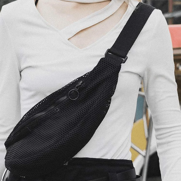 Cotton T-Shirts for Soft Comfort -Women's Punk Mesh Casual Chest Bag Waist Bag