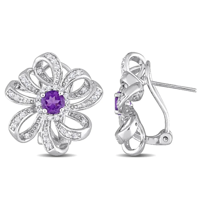 Nickel Free Drop Earrings for Safety -Miadora African Amethyst and White Topaz Floral Earrings in Sterling Silver