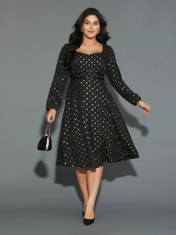 Plus size dresses with sleek fits elongate frames -Glitter Polka Dot Heart Neckline Dress