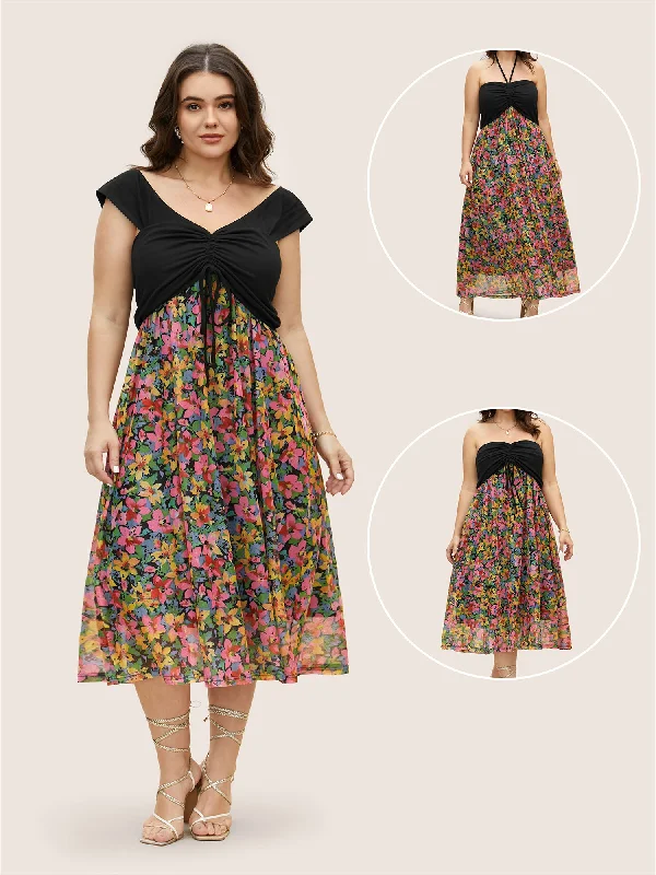 Classic plus size dresses in black suit everything -Everywhere Dress - Floral Patchwork Drawstring Dress