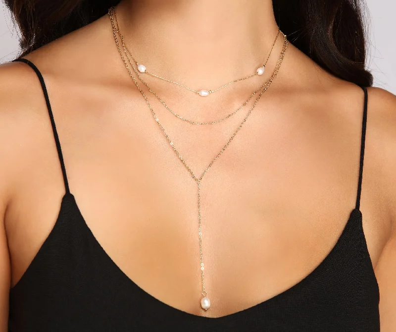 Simple necklaces and pendants with tiny charms for a delicate and casual vibe-Triple Row Dainty Pearl Lariat Necklace