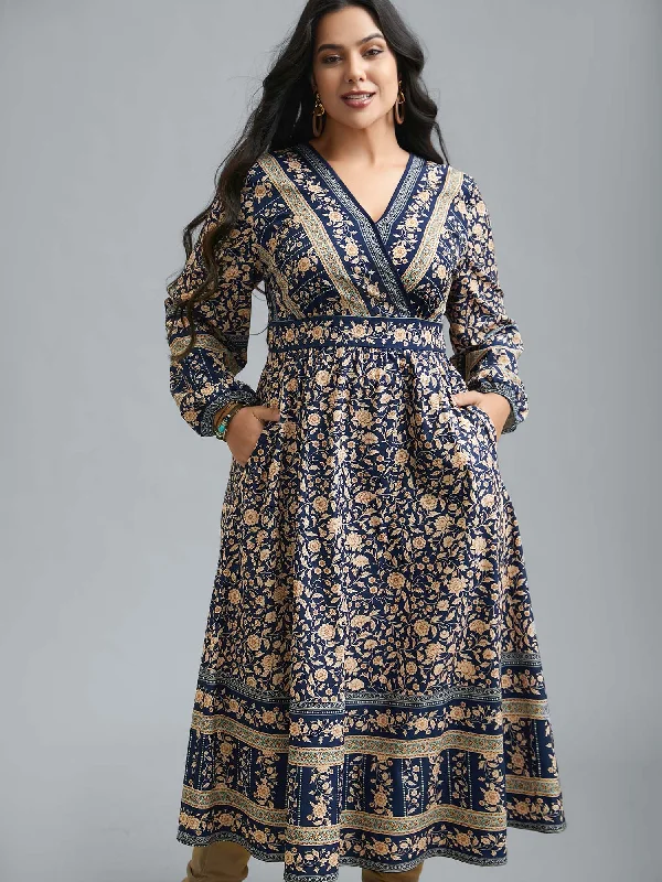 Surplice Neck Boho Print Elastic Waist Dress