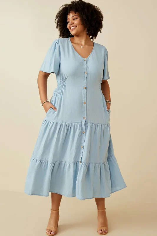 Plus size dresses with shiny threads reflect light -Button Front Side Smocked Denim Tencel Dress