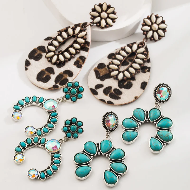 Drop Earrings for Evening Gown -Wholesale Fashion Retro Turquoise Earrings High-end Bohemian Leopard Leather Exaggerated Earrings