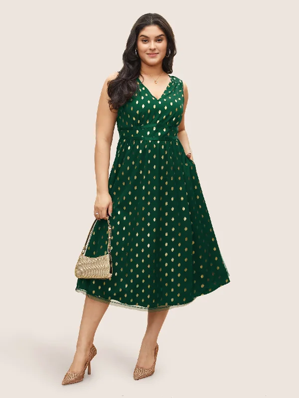 Plus size dresses with sleek finishes stay polished -Glitter Polka Dot Pocket Patchwork Tank Dress