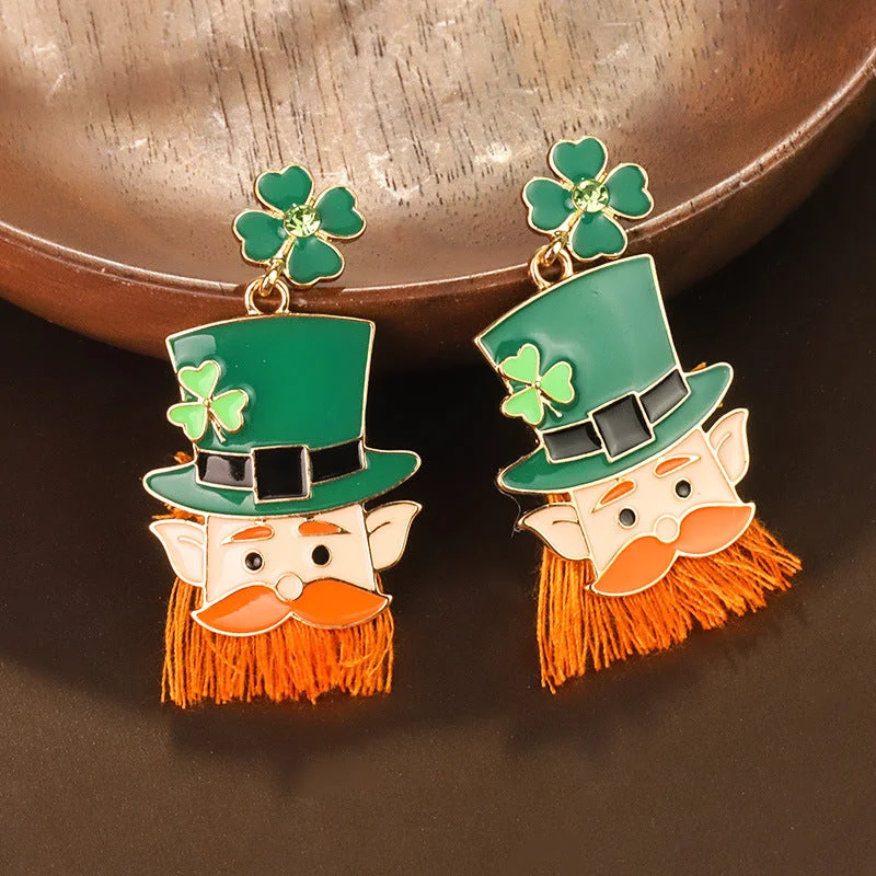 Drop Earrings for Engagement Party -Wholesale St. Patrick's Carnival Four-leaf Clover Head Tassel Earrings Alloy Oil Drop Irish Hat Earrings