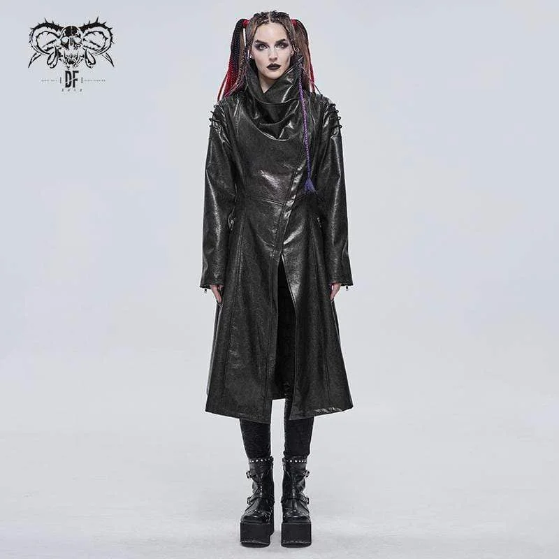 Tie Dye T-Shirts for Colorful Look -Women's Gothic Stand Collar Zipper Faux Leather Long Coat Black