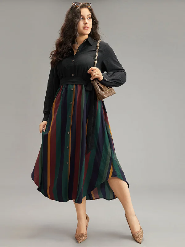 Affordable plus size dresses for casual days stay chic -Colour Striped Patchwork Belted Button Through Dress