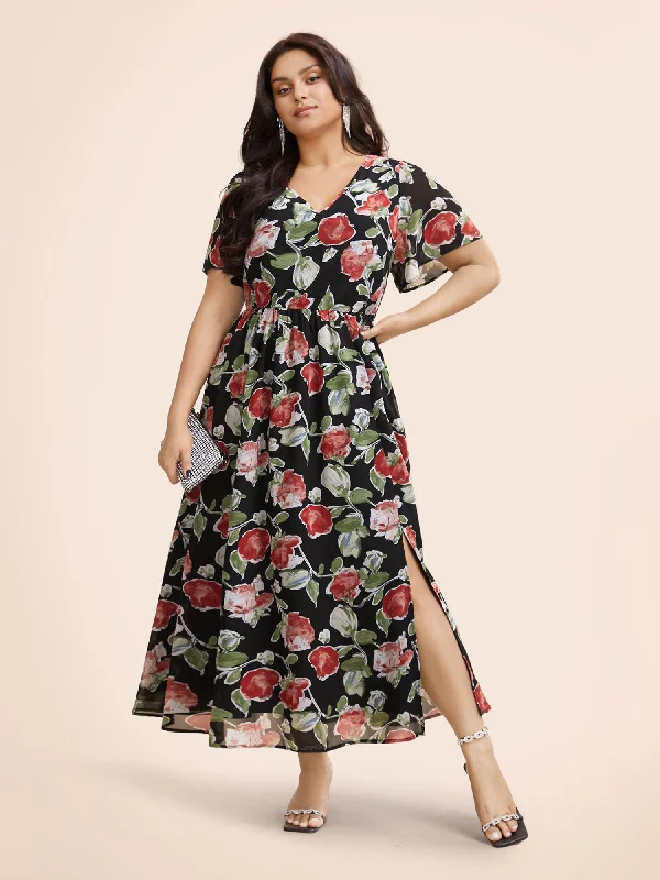 Plus size dresses with sturdy seams last long -Floral Tie Knot Slit Hem Maxi Dress