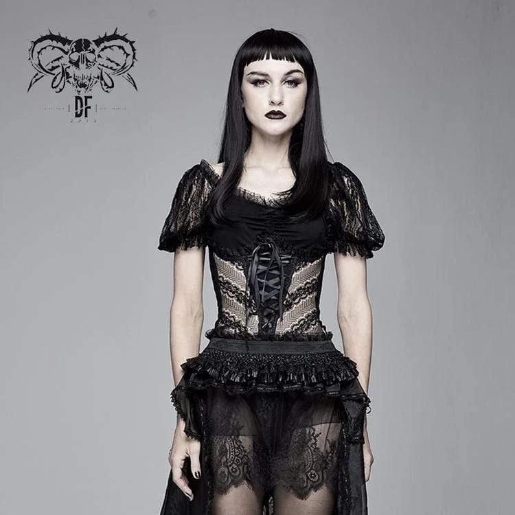 Fitted T-Shirts for Body-Hugging Fit -Women's Goth Sheer Lace Puff Sleeved Tops