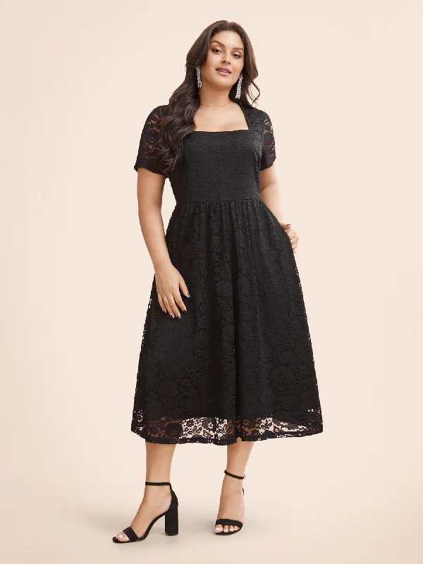 Plus size dresses with supportive linings feel great -Square Neck Lace Mesh Midi Dress