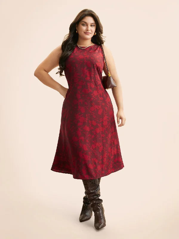 Plus size dresses with comfy fits ease days -Silhouette Floral Print Shirred Tank Dress