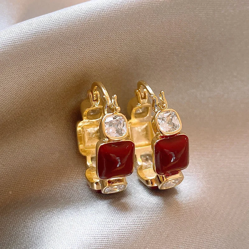 Drop Earrings with Textured Surface -Wholesale wine red square light luxury earrings