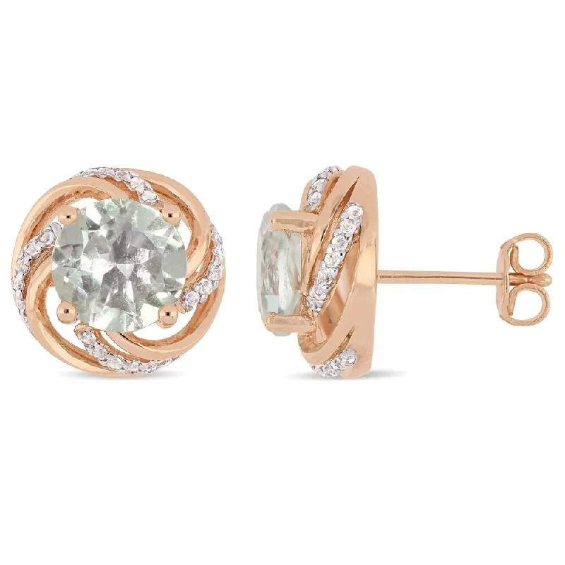 Drop Earrings for Everyday Glamour -Miadora Rose Plated Sterling Silver Green Amethyst & White Topaz Swirl Halo Earrings