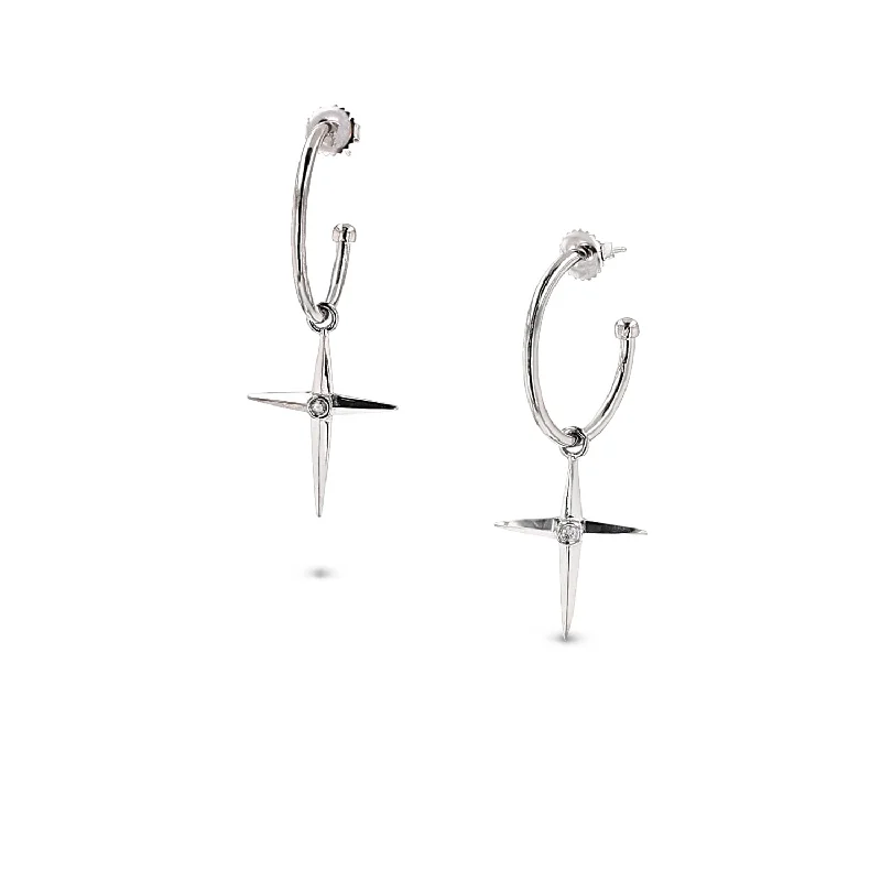 Drop Earrings for Formal Attire -Four Point Cross with Diamond Bezel Huggie Hoop Earrings