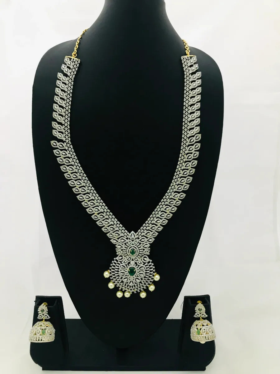 Beautiful necklaces and pendants with geometric shapes for a modern, artistic design-Gorgeous South Indian Bridal Long American Diamond Haram With Designer Pendant