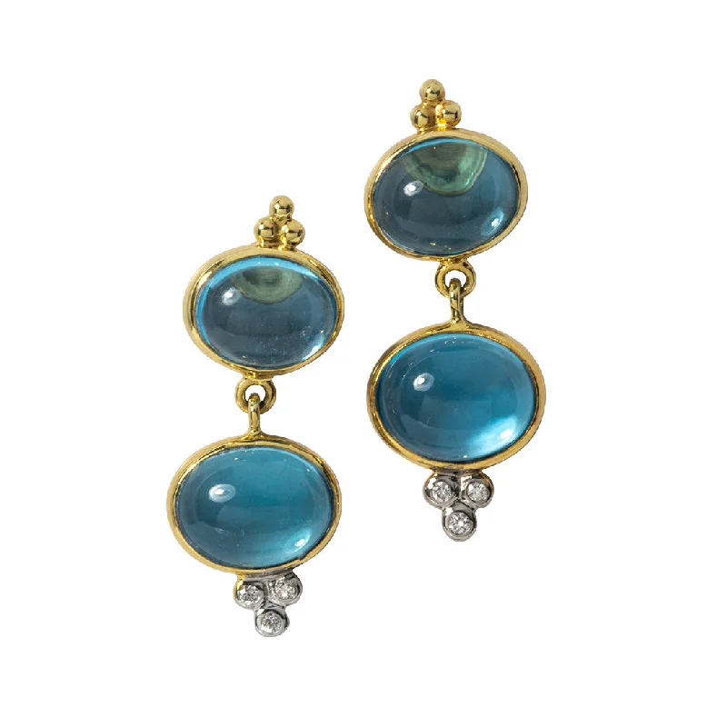 Push Back Drop Earrings for Convenience -Mazza Blue Topaz Double Drop 14K Yellow Gold Earrings