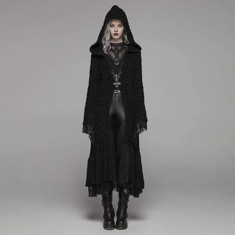 Christmas T-Shirts for Holiday Season -Women's Goth Multilayer Hooded Woolen Cardigan With Lace Sleeves