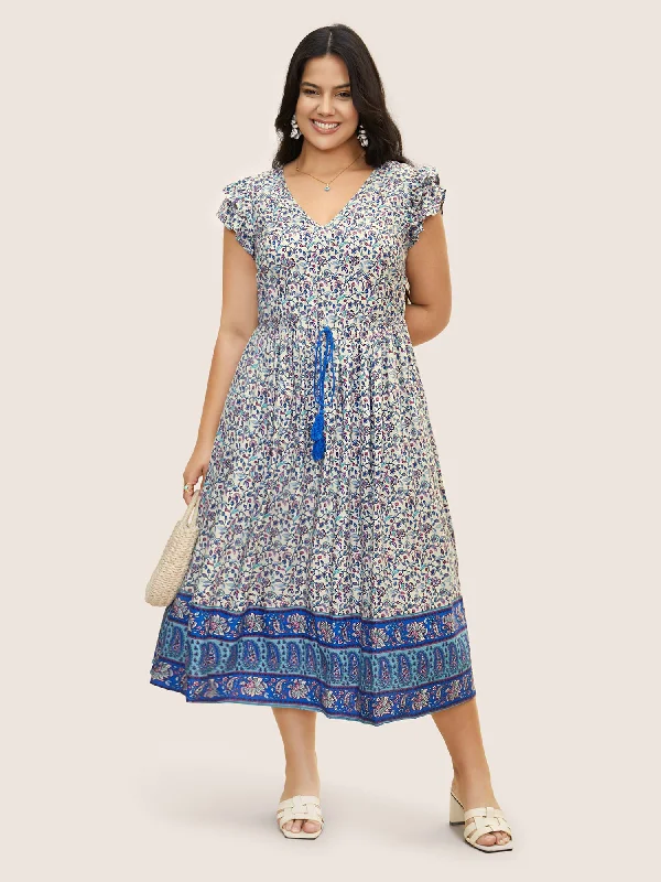 Plus size dresses for travel pack light always -Paisley Print Tiered Ruffles Pocket Dress