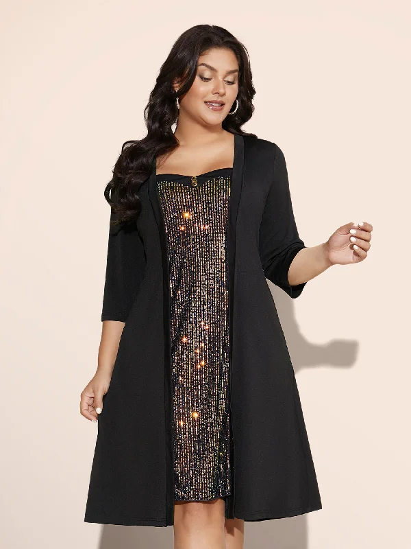 Plus size dresses with V-necks elongate figures -Heart Neckline Patchwork Sequin Button Detail Dress