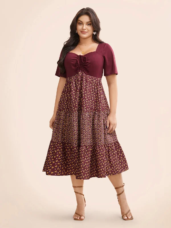 Plus size dresses for long days support fully -Ditsy Floral Patchwork Ruffle Layered Hem Dress