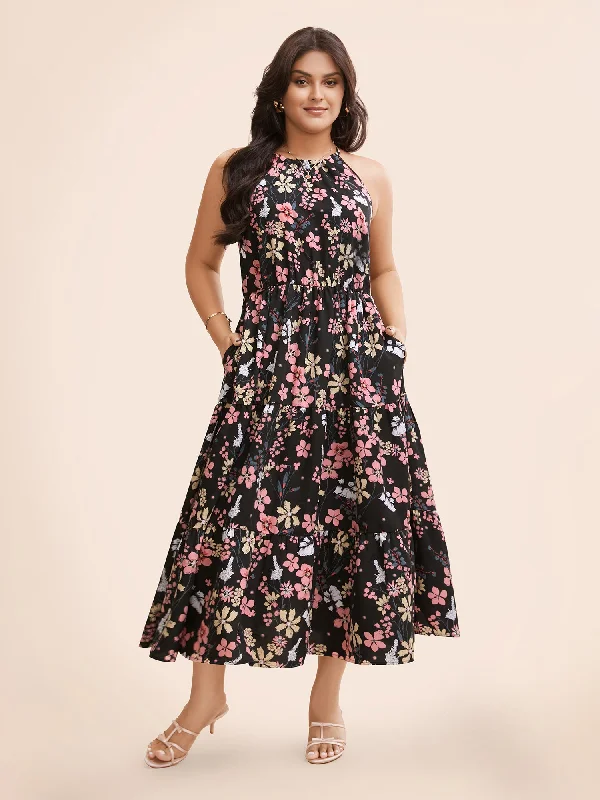 Plus size dresses with asymmetrical hems look modern -Floral Halter Neck Ruffle Hem Dress