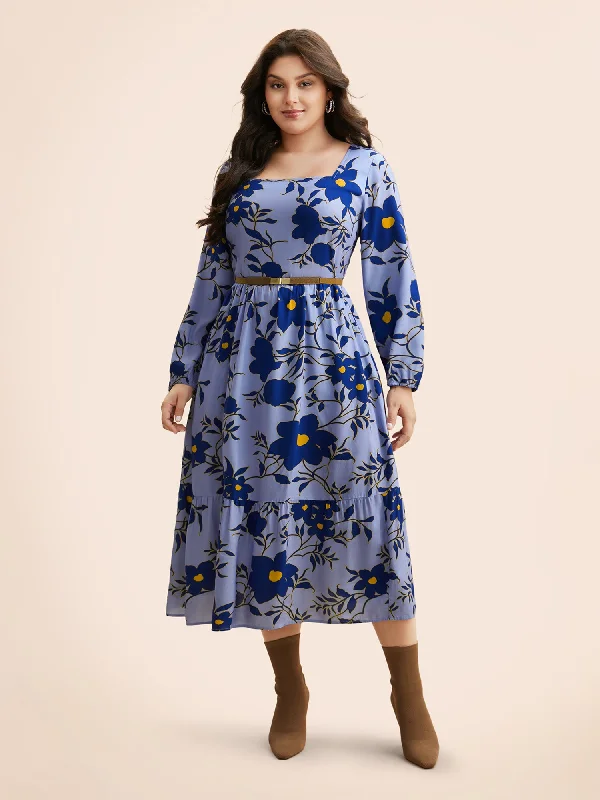 Plus size dresses with muted tones blend well -Square Neck Floral Patchwork Ruffle Hem Dress