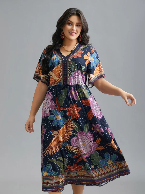 Plus size dresses for every mood adapt well -V Neck Multi-Color Floral Midi Dress