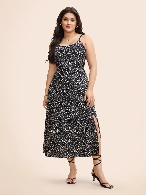 Plus size dresses with tough fabrics age well -Ditsy Floral Split Hem Cami Dress