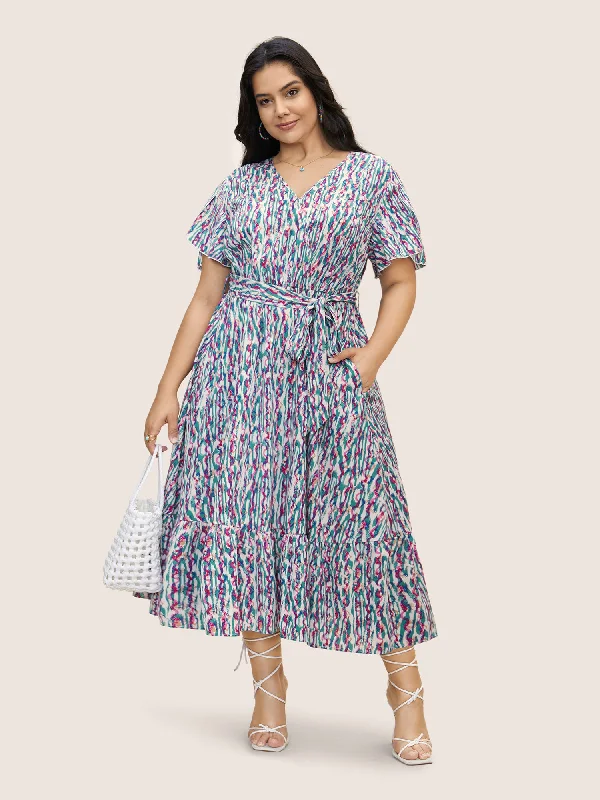 Plus size dresses with timeless cuts suit all -V Neck Striped Belted Petal Sleeve Dress