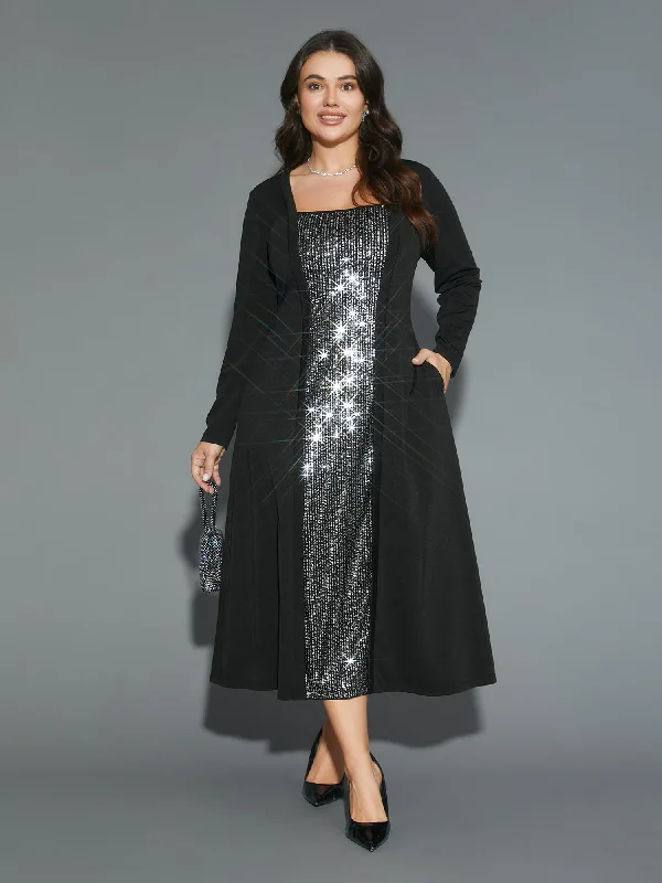 Plus size dresses featuring pleated skirts flow nicely -Sequin Patchwork Elastic Waist Midi Dress