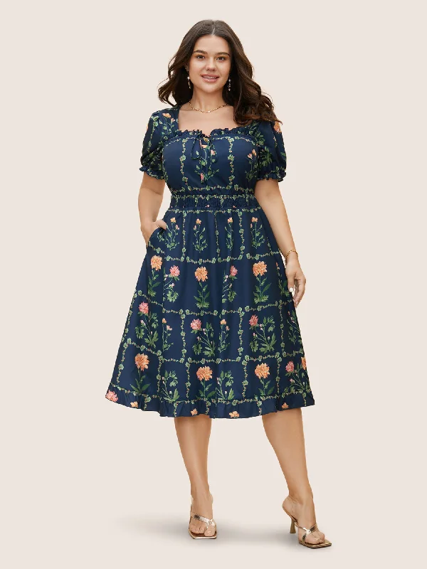 Plus size dresses featuring geometric prints are trendy -Boho Print Tie Knot Shirred Lantern Sleeve Dress