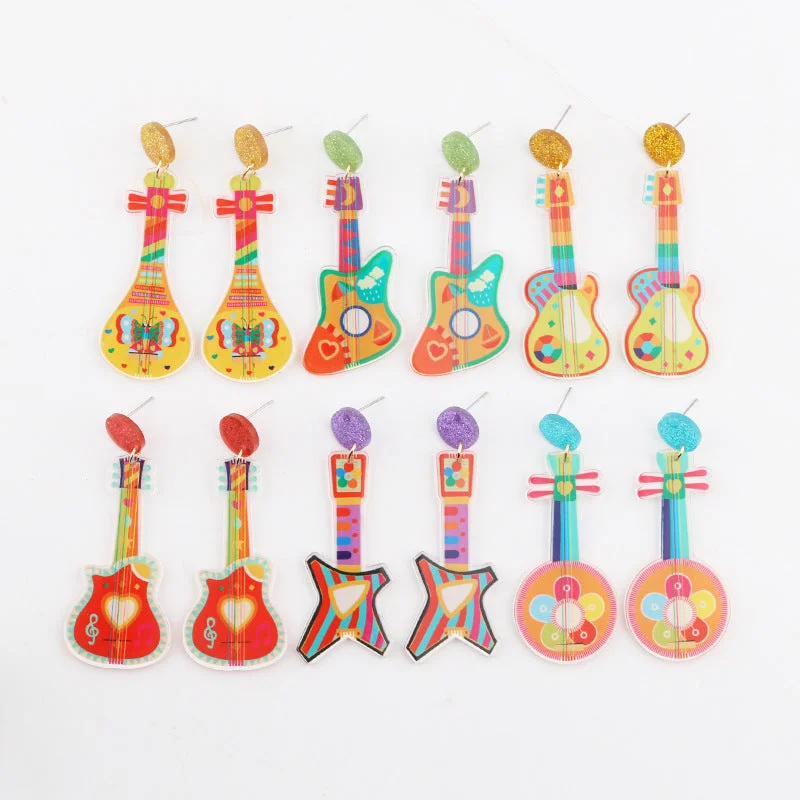 Square Drop Earrings for Modern -Wholesale 10pcs Music Festival Fashion Personality Rainbow Guitar Musical Instrument Earrings