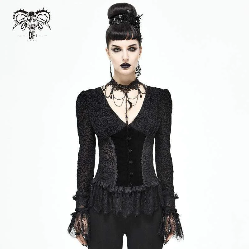 Band T-Shirts for Music Fans -Women's Gothic Plunging Lace Splice Black Blouse