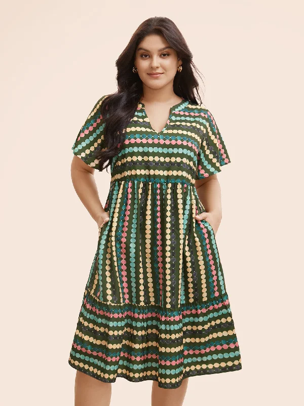 Plus size dresses with lightweight knits feel breezy -Dot Print Elastic Waist Split Neck Midi Dress