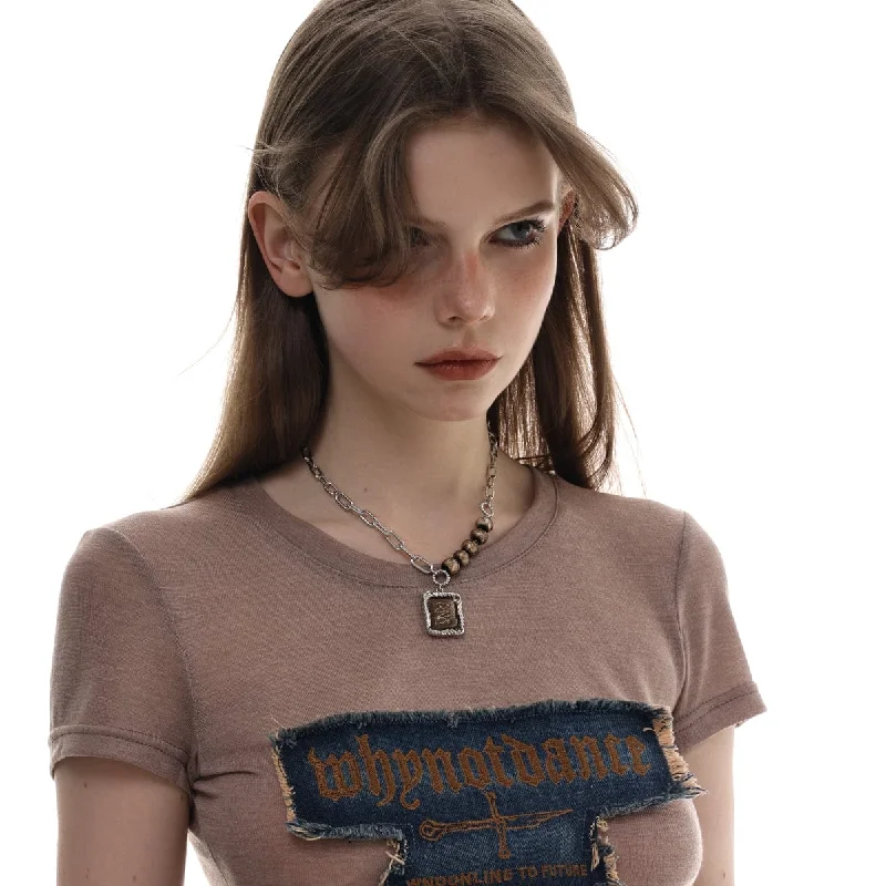 Silk T-Shirts for Luxurious Feel -Women's Punk Beaded Rectangle Necklace