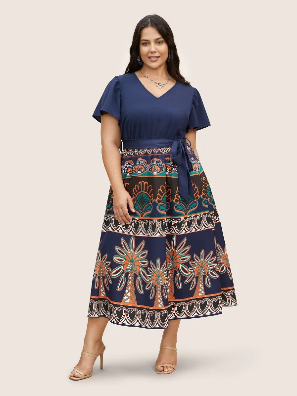 Plus size dresses featuring earthy tones are grounding -Boho Print Patchwork Ruffle Sleeve Dress