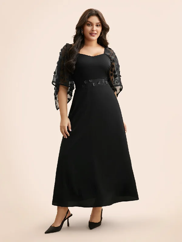 Plus size dresses with elastic waists stretch easily -Stereo Flower Design Mesh Shirred Dress