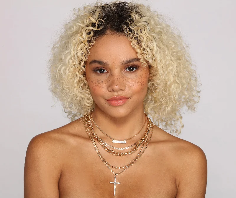 Best necklaces and pendants with glowing moonstone for an ethereal glow-Five-Layer Rhinestone Bar And Cross Necklace Set