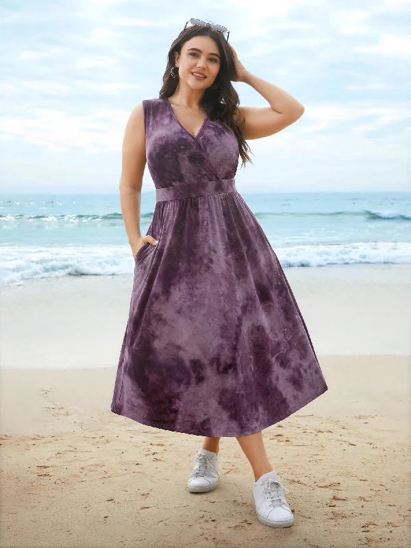 Plus size dresses with breathable layers stay airy -Tie-Dye Surplice Neck Curved Hem Midi Dress