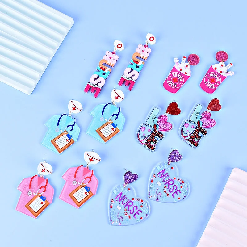 Drop Earrings for Shopping Trip -Wholesale Nurses' Day Pink Blue Nurse Uniform Nurse Cap Stethoscope Nurse Syringe Earrings