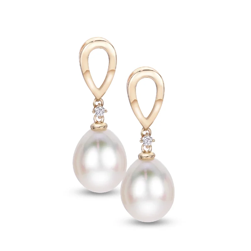 Drop Earrings with Wave Designs -14K Yellow Gold Freshwater Pearl Drop Earrings with Diamond